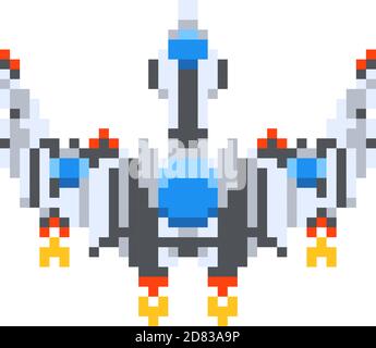 Big vintage spaceship, game hero in pixel art style on white Stock Vector