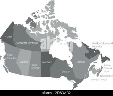 Map of Canada divided into 10 provinces and 3 territories. Administrative regions of Canada. Grey map with labels. Vector illustration. Stock Vector