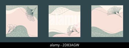 Vector square illustrations for social media. Ginkgo biloba leaves and berries  Stock Vector