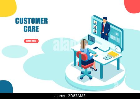 Customer call center support concept. Vector of a help service employee assisting a businessman online Stock Vector