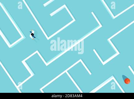 Vector of a business man walking in a complex maze towards his target Stock Vector