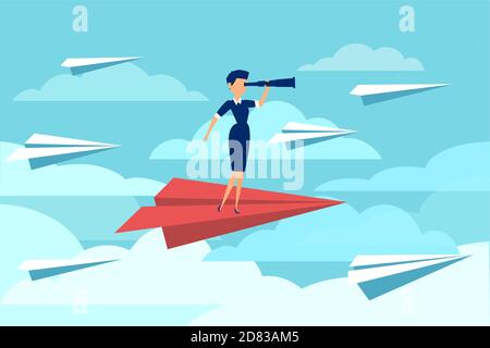 Vector of a businesswoman flying on a paper plane while looking through a telescope isolated on blue sky background Stock Vector
