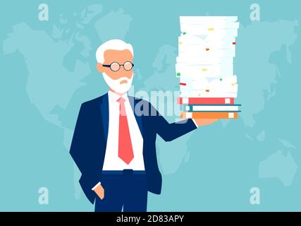 Vector of a senior confident business man holding a pile of paperwork effortlessly with one hand Stock Vector