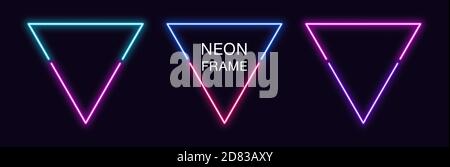 Neon triangle Frame. Set of triangular neon Border in 2 outline parts. Geometric shape with copy space, futuristic glowing element for social media st Stock Vector