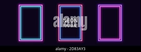 Neon rectangle Frame. Set of rectangular neon Border with double outline. Geometric shape with copy space, futuristic glowing element for social media Stock Vector