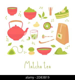 Set of various tea products made from matcha Stock Vector