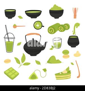 Set of various tea products made from matcha Stock Vector