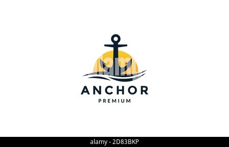anchor with sea sunset modern logo vector icon illustration Stock Vector
