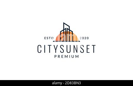 building with sunset line outline minimalist logo vector icon illustration Stock Vector