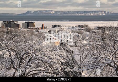 Winter view of the "Sleeping Giant" a peninsula in Lake Superior, and a bit of the city in Thunder Bay, Ontario, Canada. Stock Photo