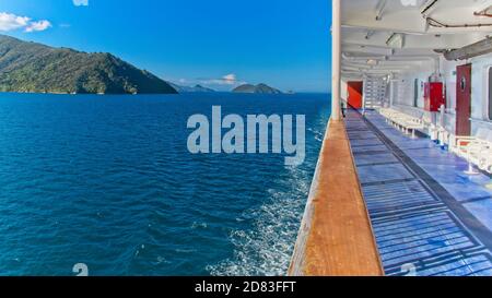 Picton, New Zealand - January 28 2015: The Interislander Ferry approaching the Port of Picton in the South Island of New Zealand Stock Photo