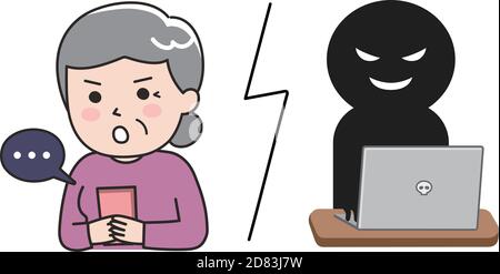 Elderly woman browsing fake news sites. Vector illustration isolated on white background. Stock Vector