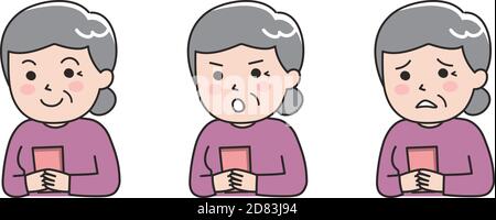 Different expressions of elderly woman using a smartphone. Vector illustration isolated on white background. Stock Vector