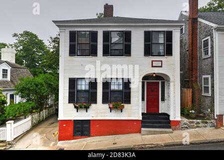 Plymouth, MA - July 3, 2020: Leyden Street, created in 1620 by the Pilgrims, and claims to be the oldest continuously inhabited street in the thirteen Stock Photo