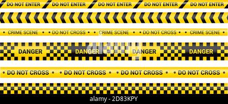 Police tape, crime danger line. Caution police lines isolated. Warning and barricade tapes. Set of yellow warning ribbons. Vector illustration Stock Vector