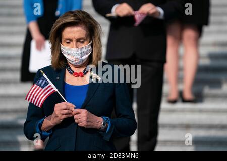 US House Speaker Nancy Pelosi, D-CA, participates in a moment of silence honoring the victims of the 9/11 terrorist attack outside the US Capitol Building on September 11, 2020 in Washington, D.C. Credit: Alex Edelman/The Photo Access Stock Photo