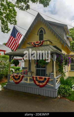 Martha's Vineyard, MA - July 5, 2020:  Carpenter Gothic Cottages with Victorian style, gingerbread trim in Oak Bluffs on Martha's Vineyard, Massachuse Stock Photo