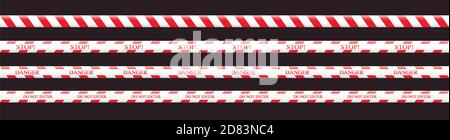 Warning tape in red and white and stop, danger, do not enter. Danger signs. Vector illustration Stock Vector