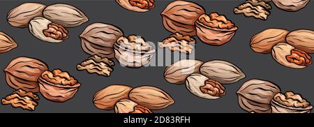 Seamless texture with colored cartoon nuts on gray background. Walnut and pecan. Vector pattern for wallpaper, fabrics, menus and your design. Stock Vector