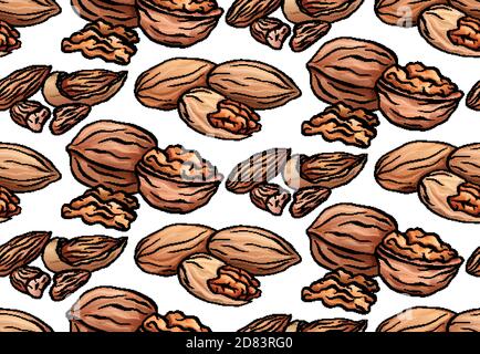 Seamless texture with colored cartoon nuts on a white background. Walnut, pecan and almond. Vector pattern for wallpaper, fabrics, menus and your desi Stock Vector