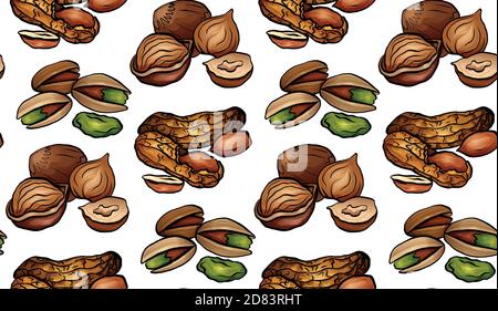 Seamless pattern with colored cartoon nuts on a white background. Peanuts, hazelnut, pistachios. Vector texture for wallpaper, fabrics, menus and your Stock Vector