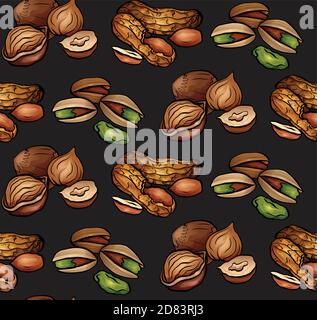 Seamless pattern with colored cartoon nuts on dark background. Peanuts, hazelnut, pistachios. Vector texture for wallpaper, fabrics, menus and your de Stock Vector
