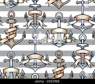Seamless texture with vintage multicolored cartoon anchors with paper ribbon in row with striped background. Hand drawn illustration. Vector pattern f Stock Vector
