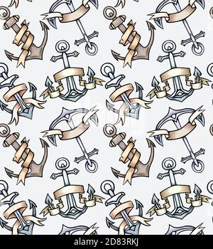 Seamless texture with vintage multicolored cartoon anchors with paper ribbon. Hand drawn illustration. Vector pattern for wallpaper, fabrics, menus an Stock Vector