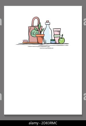 Template of  vertical banner  with eco friendly Zero waste objects. Ecological illustration in scribble style. Stock Vector