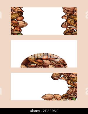 Set of horizontal banners with colored cartoon nuts.  Objects separate from the background. Vector template for menus, sites, cards and your design. Stock Vector