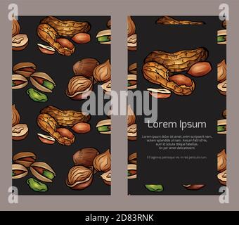 Vertical double sided banners  with colored cartoon nuts on dark background and place for the text on white background. Peanuts, hazelnut, pistachios. Stock Vector