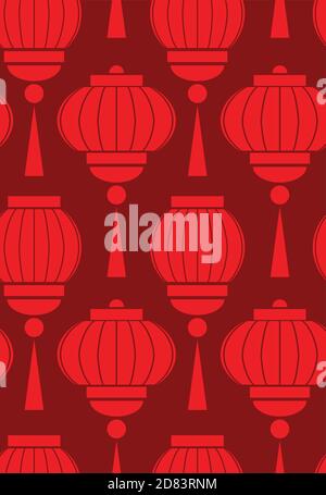Seamless pattern with simple chinese red lanterns on burgundy background. Vector pattern for wrapping paper, backgrounds, wallpapers and your creativi Stock Vector