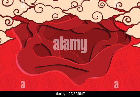 Chinese red greeting card with 3d chinese clouds and background cut out of paper. Vector illustration for card, invitation and your design Stock Vector