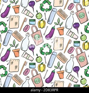 Seamless pattern with hand drawn Zero Waste objects on white background. Vector doodle texture for wallpaper, textile, background and your design Stock Vector