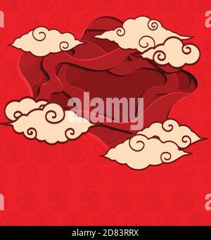 Chinese red greeting card with 3d chinese clouds and background cut out of paper. Vector illustration for card, invitation and your design Stock Vector