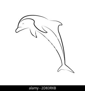 Outline illustration of a jumping dolphin. Line art. The object is separate from the background. Vector element for tattoos, t-shirt printing, logos a Stock Vector