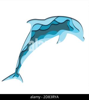 Illustration of silhouette of jumping dolphin with 3d element cut out of paper in blue colors.  Vector summer element for your design Stock Vector