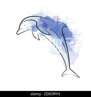 Outline illustration of a jumping dolphin with watercolor splashes.  The object is separate from the background. Vector element for tattoos, t-shirt p Stock Vector