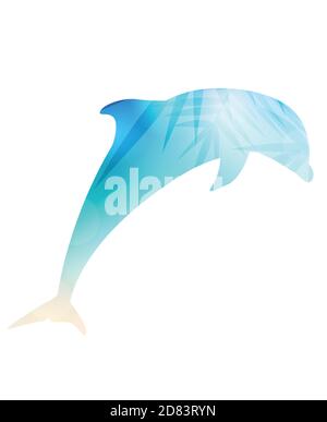 Illustration of silhouette of jumping dolphin with a blurred beach background and palm tree leaves. The object is separate from the background. Vector Stock Vector