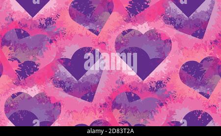 Seamless neon pattern with hearts and pink watercolor splashes on violet background. Vector texture for wallpaper, wrapping and your creativity. Stock Vector