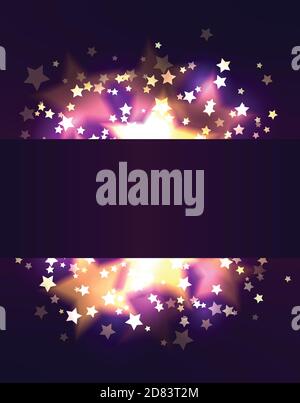 Frame template with luxurious gold stars and bokeh on violet background. Vector festive pattern for greeting card, banner and your creativity Stock Vector