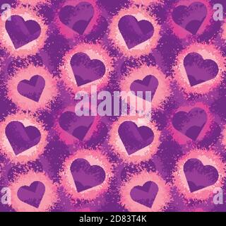 Seamless neon pattern with hearts and pink watercolor splashes on violet background. Vector texture for wallpaper, wrapping and your creativity. Stock Vector