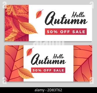 Autumn sale banner template with lettering. Bright fall leaves. Poster, card, label, banner design. Ideal for shopping sale or web banner. Bright geom Stock Vector
