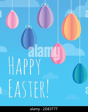 Festive Easter card with hanging paper origami eggs, greeting in the sky with clouds. Vector element for cards, banners and your creativity Stock Vector
