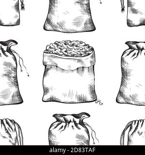 Seamless pattern with black and white illustrations of hand drawn canvas bags in row. Vector texture for menus, fabrics, backgrounds and your creativi Stock Vector
