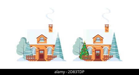 Christmas house decorated and not set isolated on white background. Stock Vector