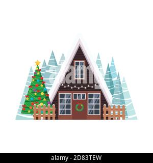 Christmas house facade with spruces isolated on white background. Stock Vector