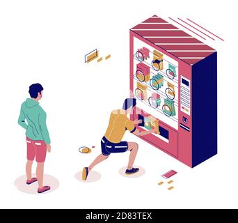 Male characters buying snacks from vending machine, flat vector isometric illustration. Snack food automatic machine Stock Vector
