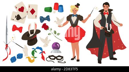 Magician set, flat vector isolated illustration. Illusionist, male and female characters, tools for performing tricks. Stock Vector