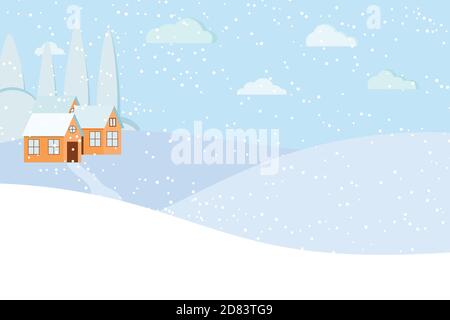 Winter landscape scene with houses and road. Stock Vector